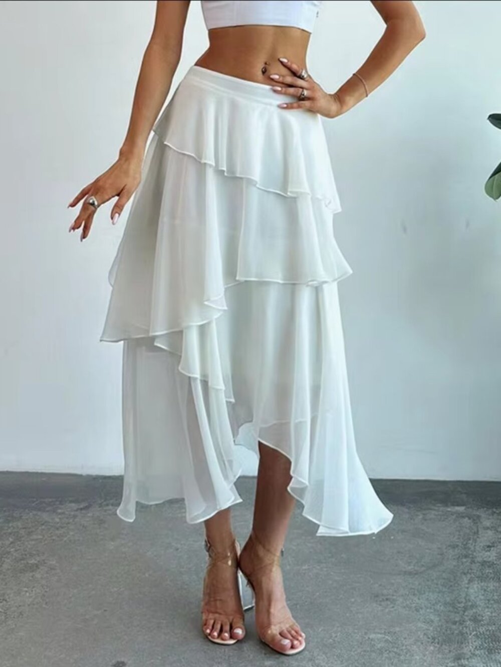 SHEIN Chiffon Skirt Elegant White Ruffled Asymmetrical Mid-Length Small Summer